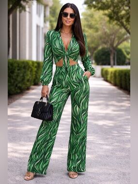 Green Zebra-Print Tie-Front Jumpsuit NEW
